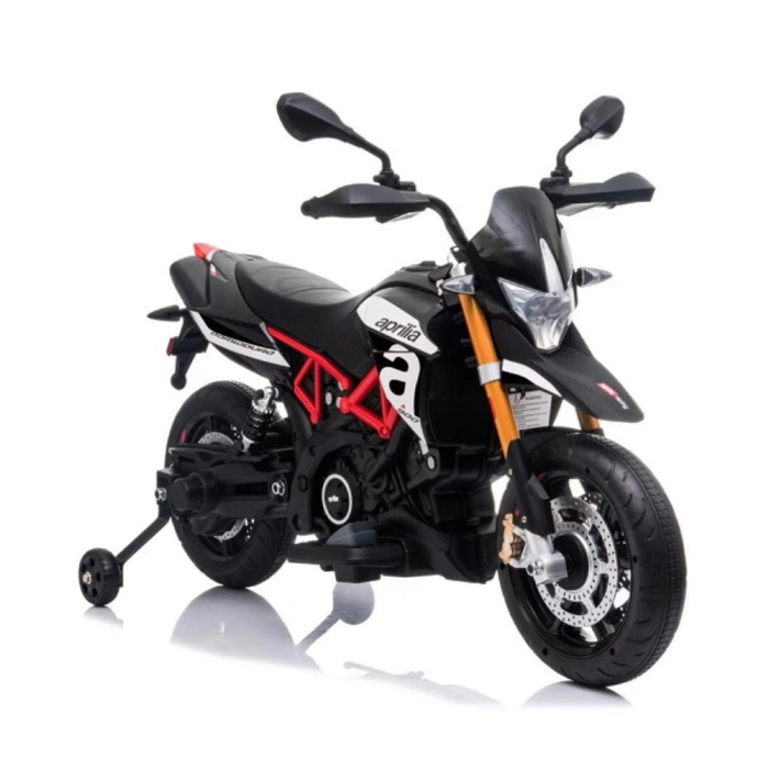 Moto électrique Aprilia Racing Dorsoduro 12V pour enfants avec roues en EVA- Noir